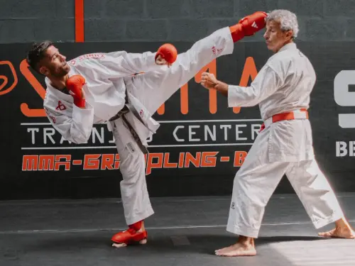 Kumite et coup de pied retourné au cours de karaté du Summa Training Center